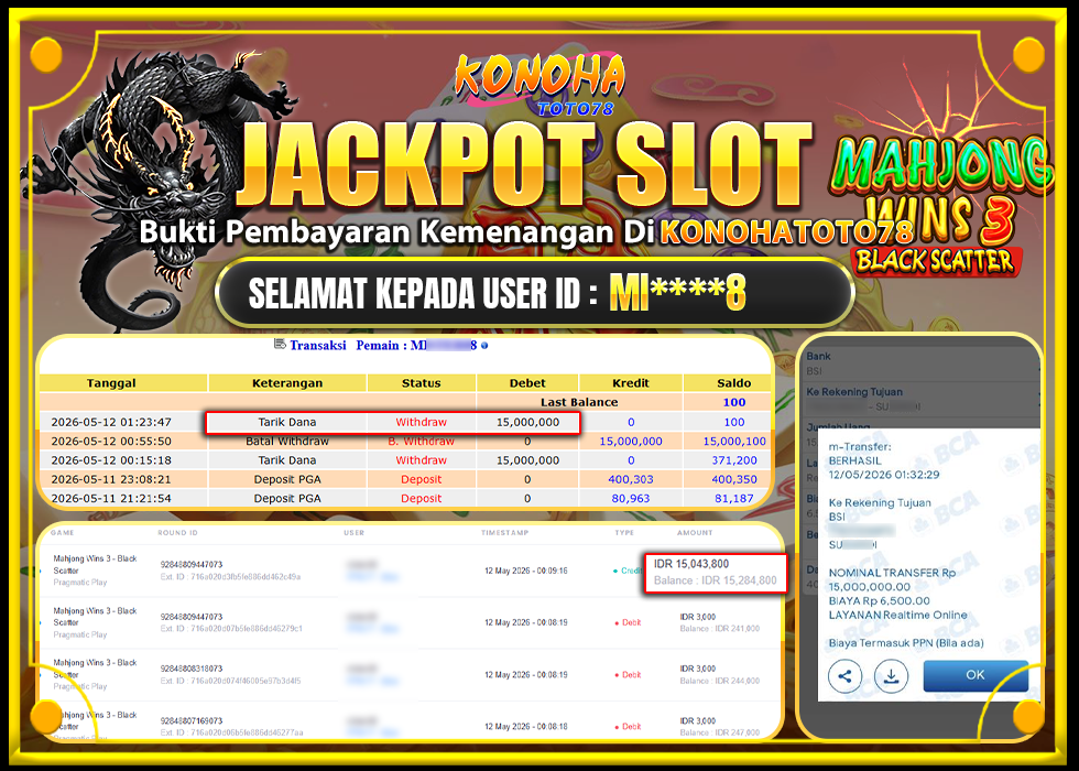 KONOHATOTO78 JACKPOT MAHJONG WINS 3 BLACK SCATTERRp.Rp.15.000.000,- LUNAS